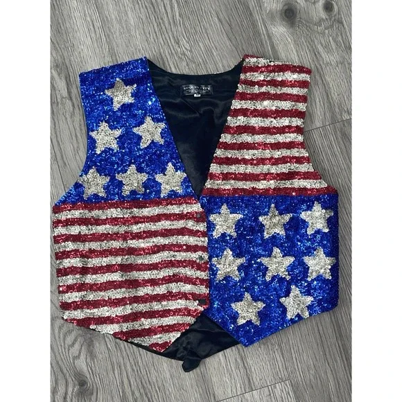 Sequin City American Flag Patriotic Sequin DOUBLE-SIDED Vest Women's Size Medium