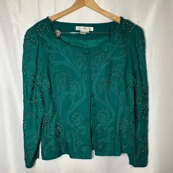 Vintage Marie St Claire Emerald Green Beaded Soutache Evening Jacket Womens 12