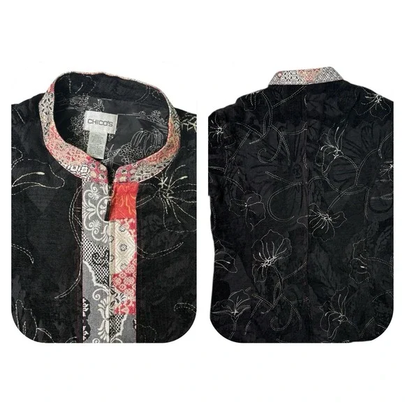 Chicos Full Zip Jacket Floral Silk Linen Artsy Patchwork Size 1 Medium