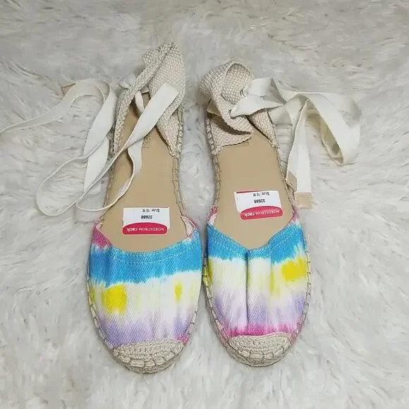 NWT Nine West Tie Dye Ankle Tie Flats Espadrille Style Multi-Color Size 10
