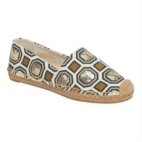 Tory Burch Cecily Embellished Espadrille Flats 6 Tan Canvas Sequin Rattan shoes