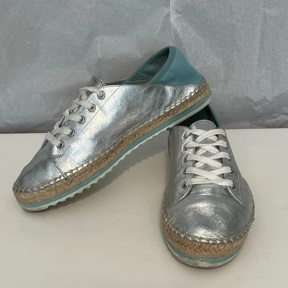 Aldo’s Women’s Platform Espadrille Silver Metallic‎ Sneakers Lace Up Shoes 8.5