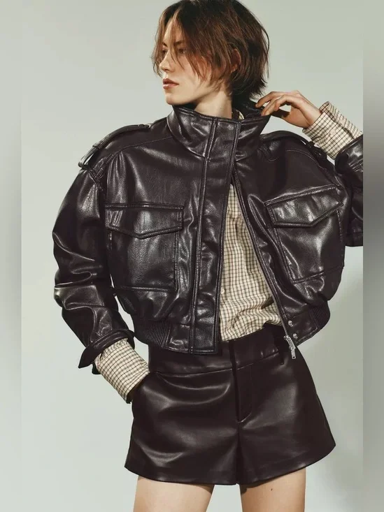 Zara Brown Faux Leather Bomber Jacket