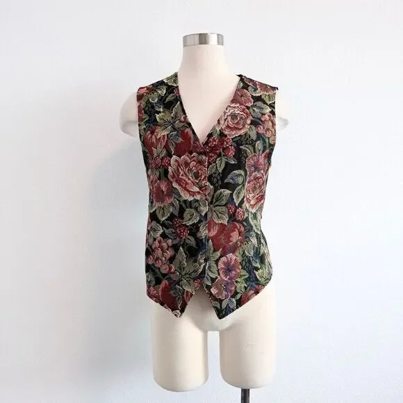 Bobbie Brooks Black Fruit Floral Tapestry Satin Vest Small Rose