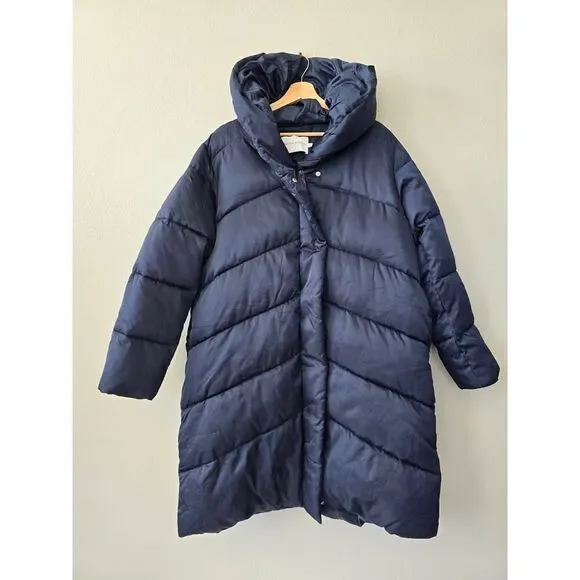 Rebecca Minkoff Navy Hooded Quilted Vegan Down Puffer Coat XL NWT Cozy Outwear