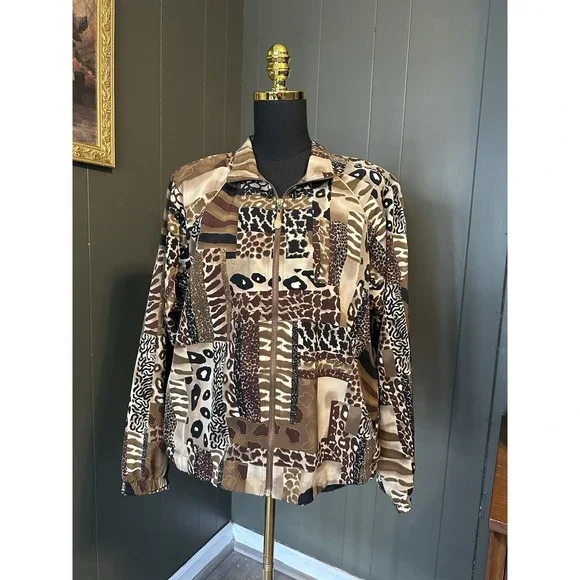 Vtg Teddy Bomber Jacket Womens M 80s Windbreaker Patchwork Animal Print‎ Leopard
