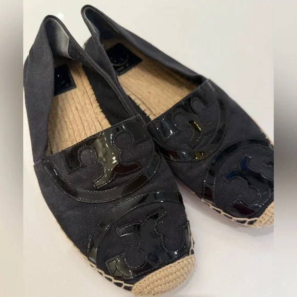 Tory Burch Poppy Espadrille Flats Black Canvas Patent Leather‎ Logo 10M