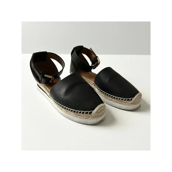See By Chloe Glyn Black Leather Ankle Strap Espadrille Sandals EU 37 US 7