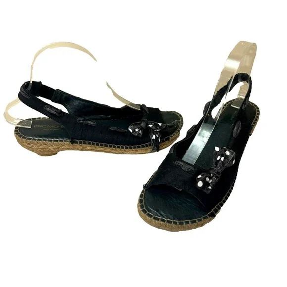 Eric Michael Paseart Espadrille Wedge Sandal Black Satiny Sling Back‎ SZ 10.5