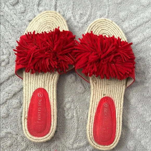 Pretty You Red Fringe Slide Sandals