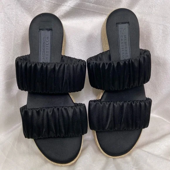 Mercedes Castillo black Satin scrunch Espadrilles platform sandals. Size 7