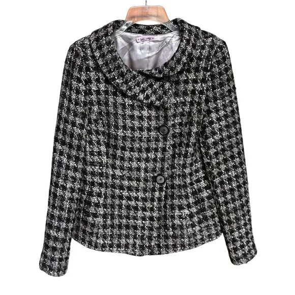 Black &‎ White Houndstooth Tweed Wool Blend Asymmetric Jacket Womens Size M