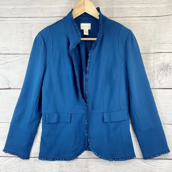Chico's Teal Blue Blazer Jacket Ruffle Trim Lined Size 1 US M/8