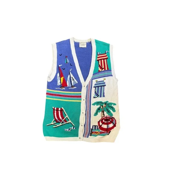 Susan Bristol 1994 Beach Scene Knit Vest Women's Size M‎ Blue Green Nautical