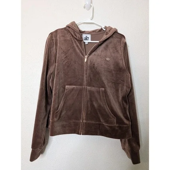 Juicy Couture Velour Zip Hoodie Jacket XL Brown Velvet‎ Full Zip Y2K Preppy