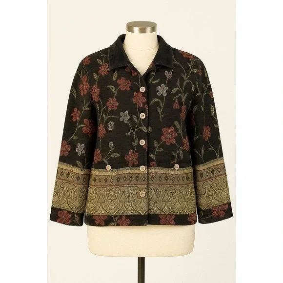 Sag Harbor Womens Tapestry Jacket Size 8 Floral Geometric Button Front F43189JC‎