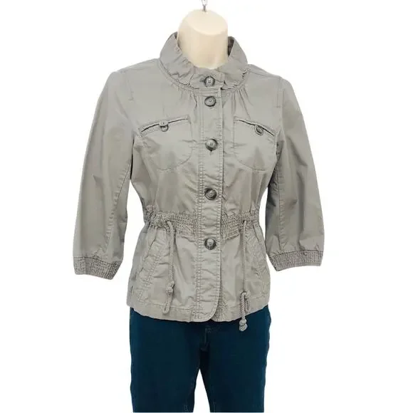 Ann Taylor Loft Gray Utility Cargo Jacket Multiple Pockets Adjustable Tie Waist
