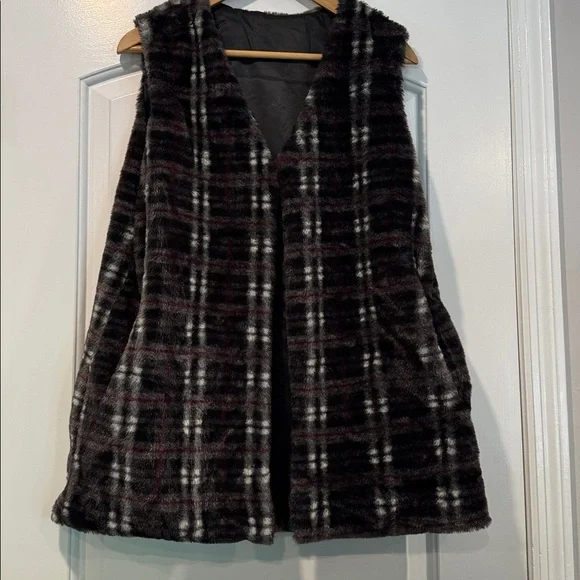 🟣 WOMENS PLAID FAUX FUR VEST