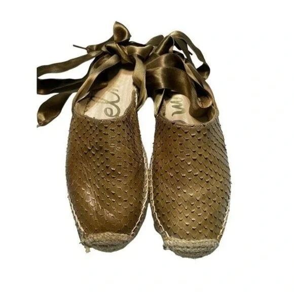 Sam Edelman Tan Scaled Lace Up Ankle Tie Espadrille Flats Brown Women Shoes 38