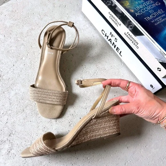 Joie Lila Woven Espadrille Strappy Ankle Wedge Sandals Slides Tan Beige Boho 8