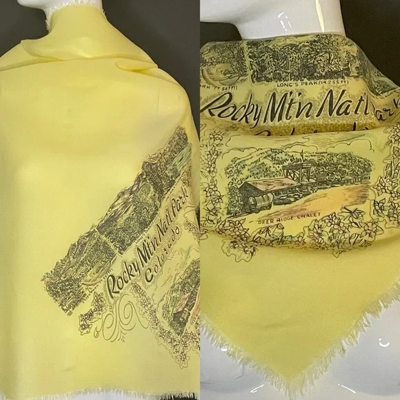 Vintage Rocky Mountain Park Souvenir Cotton Scarf 26 In Excellent Condition