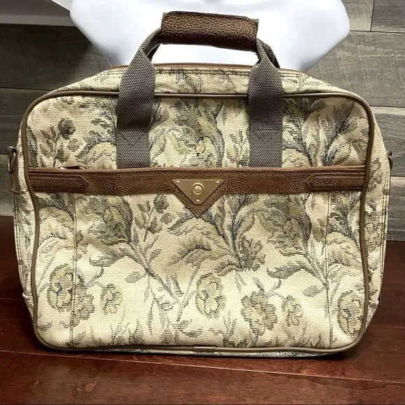 Vintage Verdi Tapestry Carryon Messenger Laptop Bag Cream Brown and Green Floral