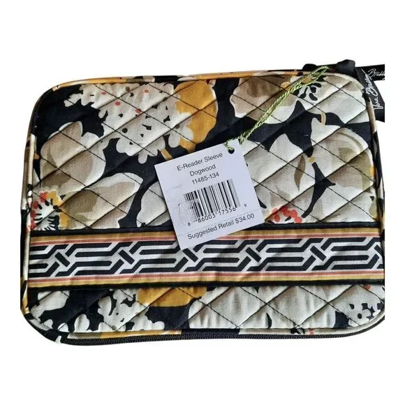 VERA BRADLEY E-Reader Sleeve Travel Case DOGWOOD 7 x 9 Black Gold NEW