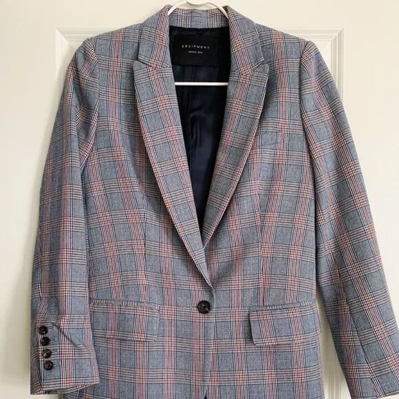 Women's Equipment Jeanne Wool Blend Check Plaid Blazer in Blue Multi Size 4