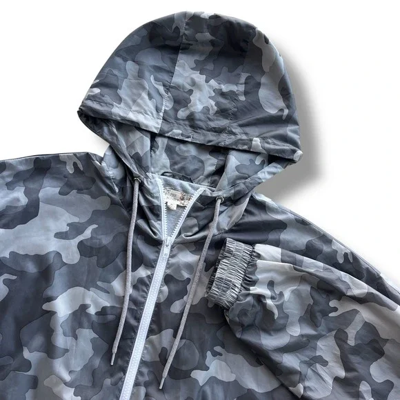 Pink Republic Womens XL Grey Camo Full Zip Hooded Lightweight Windbreaker Jacket
