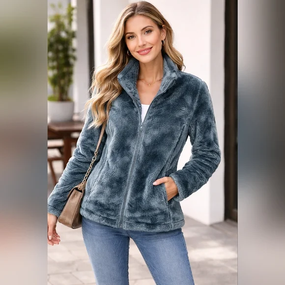32 Degrees Heat Plush Faux Fur Zip Jacket Cozy Hunter Green XS Soft Stand Collar