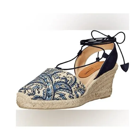 Patricia Green Patti Paisley Blue Sandal Espadrille Wedge Wrap Tie Ankle Size 39