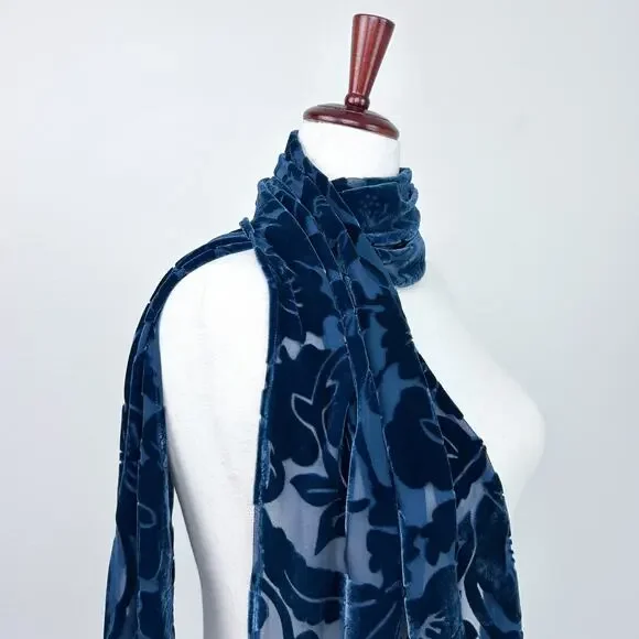 Silk Lore Vintage Blue Floral Velvet Burnout Semi-Sheer Rectangle Shawl Scarf