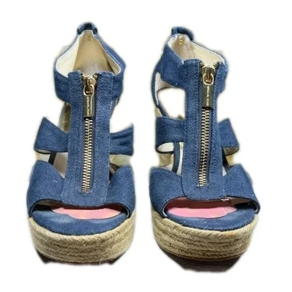 Michael Kors Womens Damita Espadrille Sandals‎ Blue Denim Wedge Zip US 6.5M