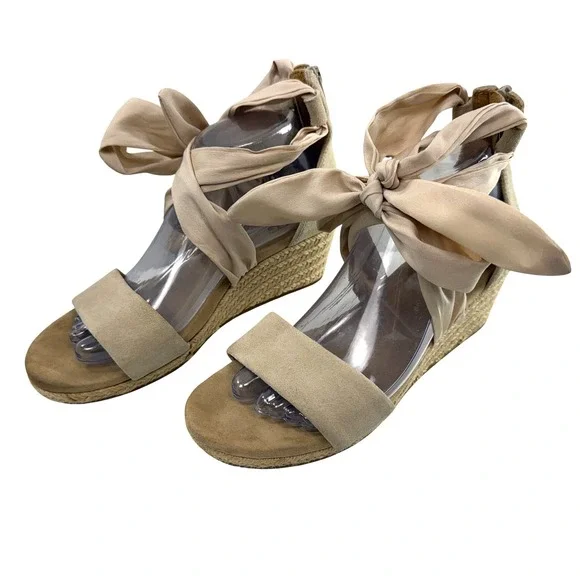 UGG Trina ribbon-tie suede‎ espadrillei wedge Sandals Size 8 Ankle Wrap Beige