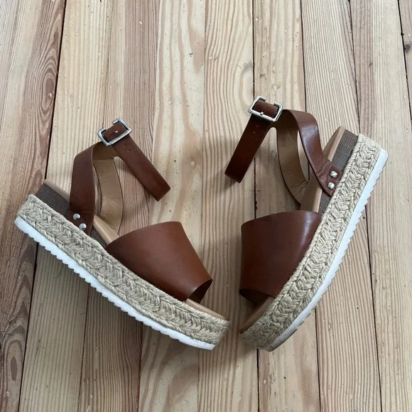 Soda Brown Faux Leather Platform Espadrille Sandal Wide Fit Buckle Women 7W boho