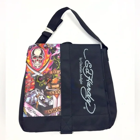 Ed Hardy Messenger Bag Skull Tattoo Graphic Y2K Christian Audigier Goth Punk NEW