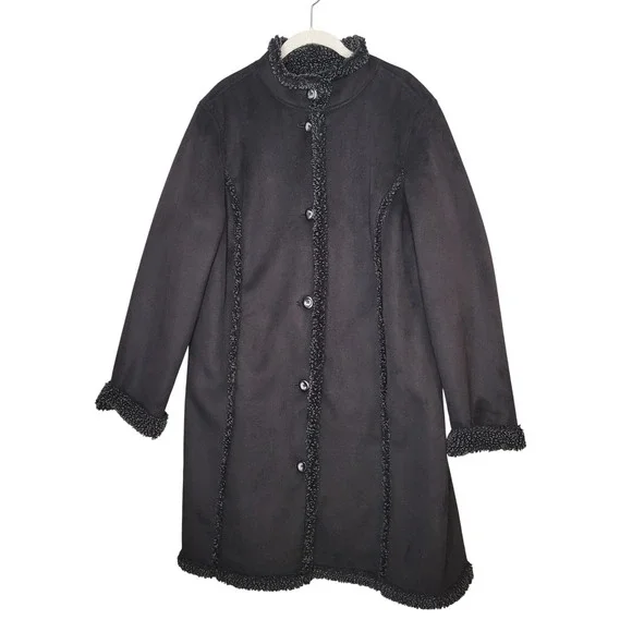 LL Bean Penny Lane Coat Womens Size XL Black Sherpa Lined Faux Suede Long Winter