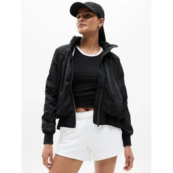 Athleta XS Small Jetset Bomber Jacket Black #818839 Stowable Hood