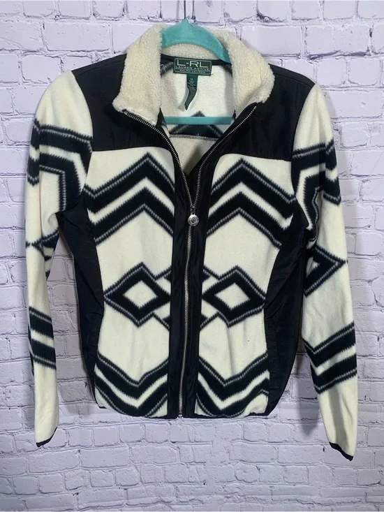 Lauren Ralph Lauren Womens Geometric Fleece Full Zip Jacket Cream Black Size M