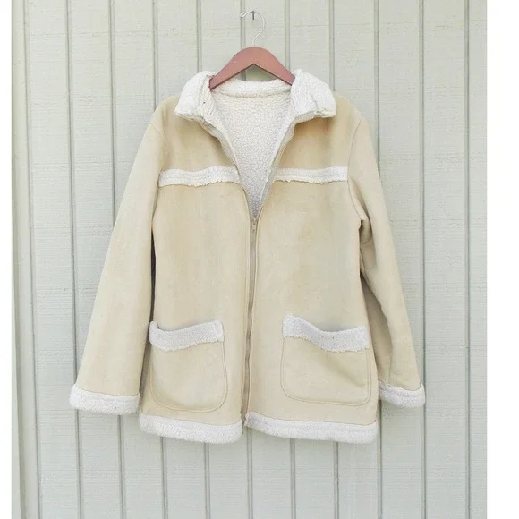 Unbranded Shearling Coat Faux Suede Sherpa Lined Jacket Womens Large Tan Beige