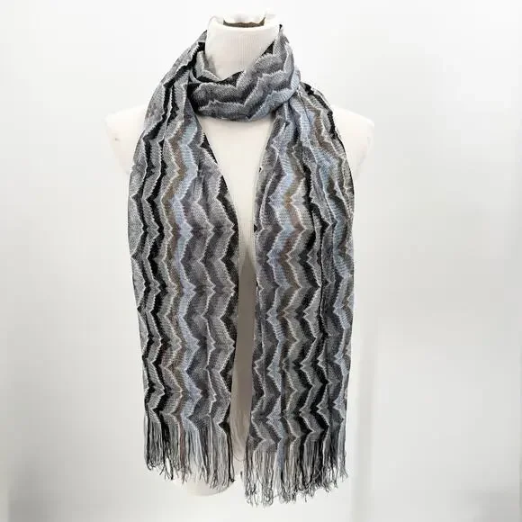 Missoni Chevron Fringe Scarf Blue Brown Gray Black 72