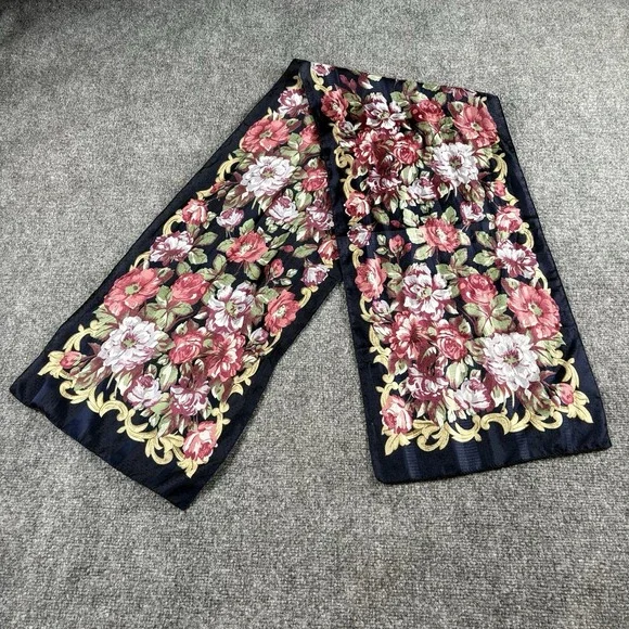 Vintage 80s Kathie Lee Floral Scarf Navy Pink Rose Cottagecore Romantic 56x12