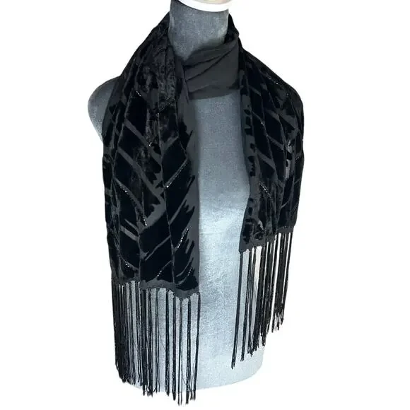 Vtg Shawl -58x 9.5”Crushed Burnout- Black beaded tassel fringe whimsigoth