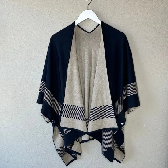 Women's Open Front Shawl Wrap One Size Warm Cape Ribbed Knit Poncho‎ Blue Cream