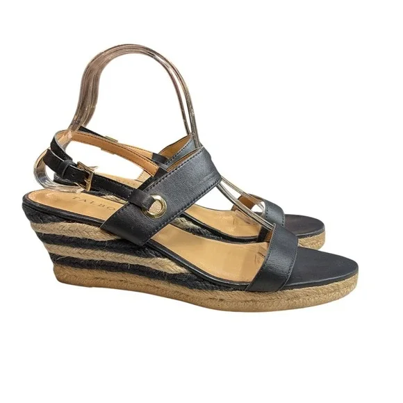 Talbots Women's Black Striped Wedge Leather Slingback Espadrilles Sandals Size 9