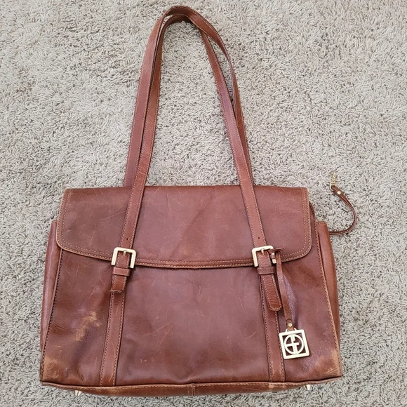GIANI BERNINI Leather Laptop Bag Briefcase Brown Buckle Distressed Travel Work