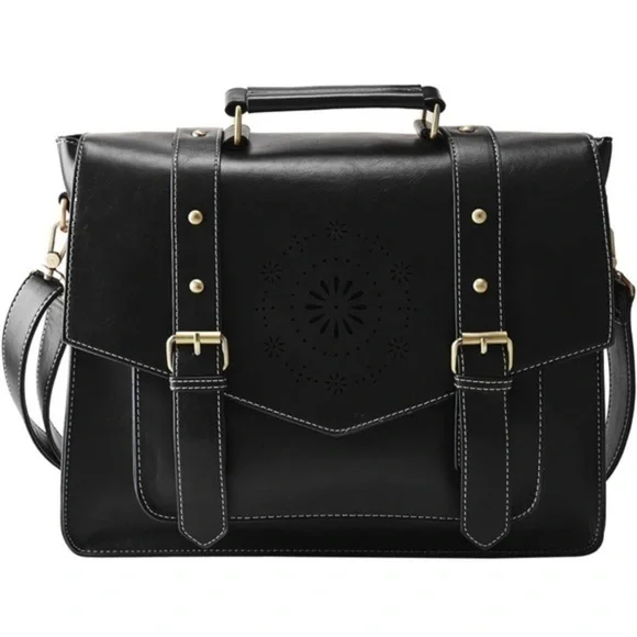 Esecosusi Black Leather Messenger Bag Briefcase Top Handle Crossbody Bag Bookbag