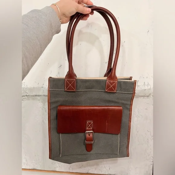 GAP Canvas Leather Tote Bag Brown Green Utility Shoulder Work Travel Bag