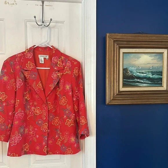 Women’s Coldwater Creek Red Floral Embroidered 3/4 sleeves Blazer Size Medium