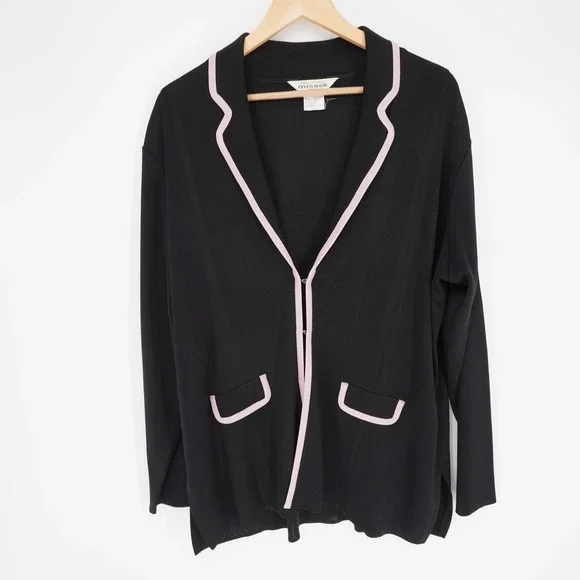 Misook Knit Cardigan Jacket Womens 1X Black Pink Trim Classic Corporate Career